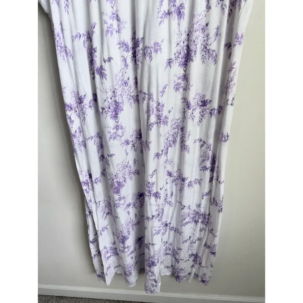 Eileen West Wisteria Cap Sleeve V-Neck Nightgown White Purple Women's Large
